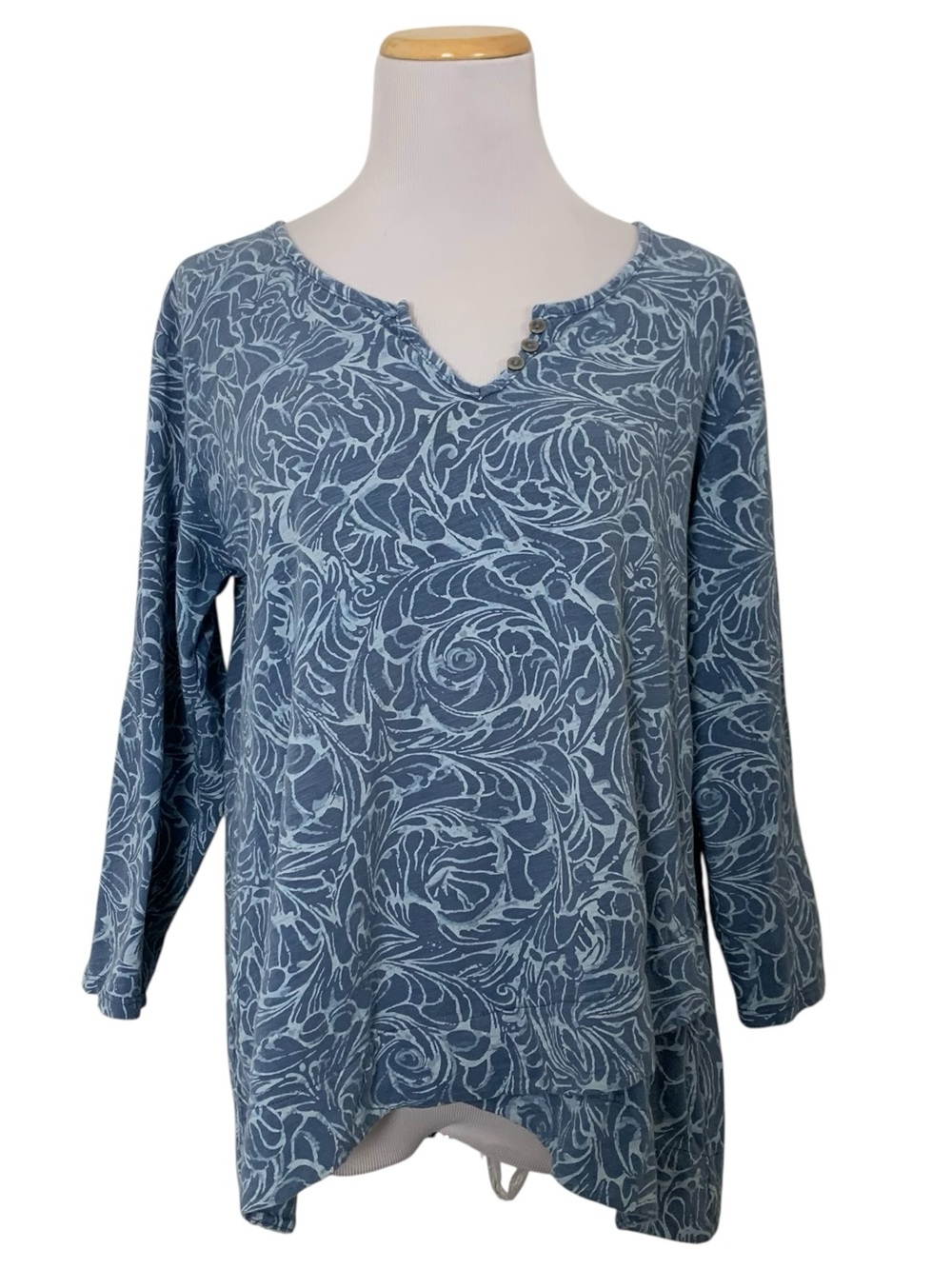Fresh Produce Cotton Shirt Womens L Stretch Jersey Button V Neck 3/4 Sleeve Blue